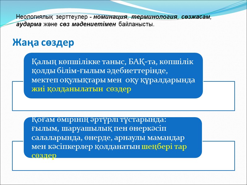 Жаңа сөздер  Неологиялық зерттеулер - номинация, терминология, сөзжасам, аударма және сөз мәдениетімен байланысты.